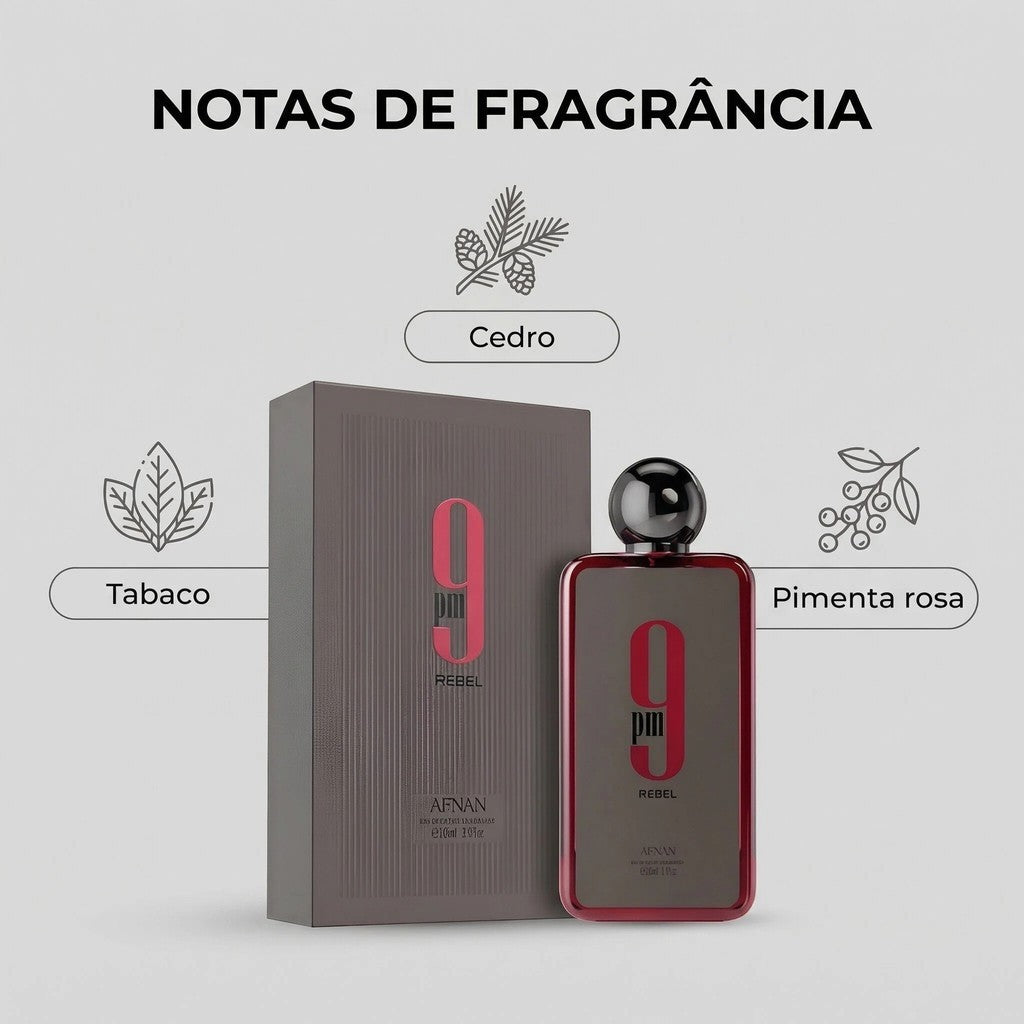 Afnan 9 PM Rebel Eau de Parfum - Essência Pura e Sofisticada - Perfume Árabe